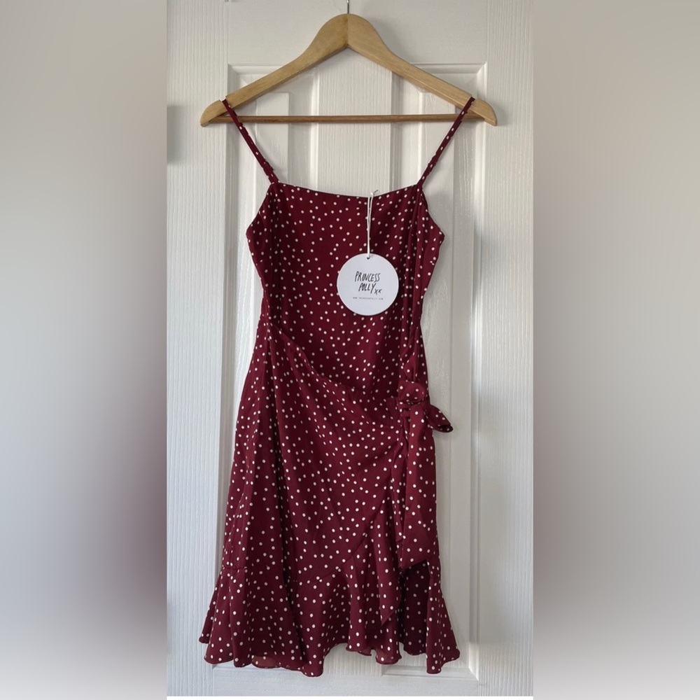 Princess Polly Red White Polka Dot Wrap Mini Dress